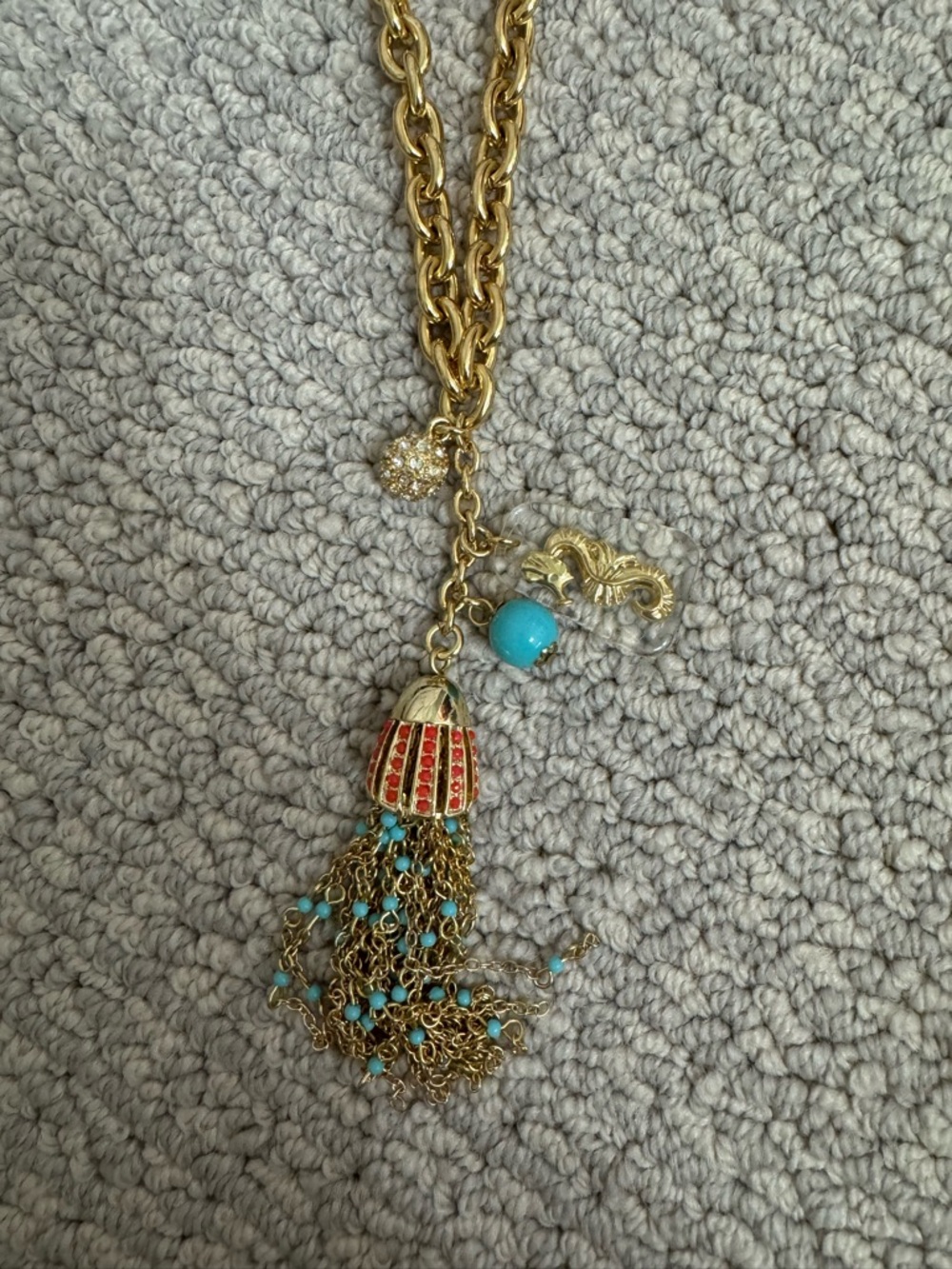 Lilly Pulitzer Gold Tassel Necklace with Red Enamel and Turquoise Beads